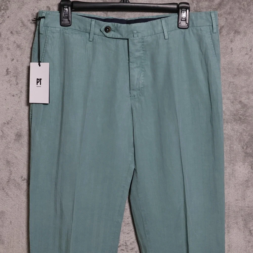 PT Torino Pants Mens 33x36 Green Chino Slim Linen Blend Dress Made in Tunisia